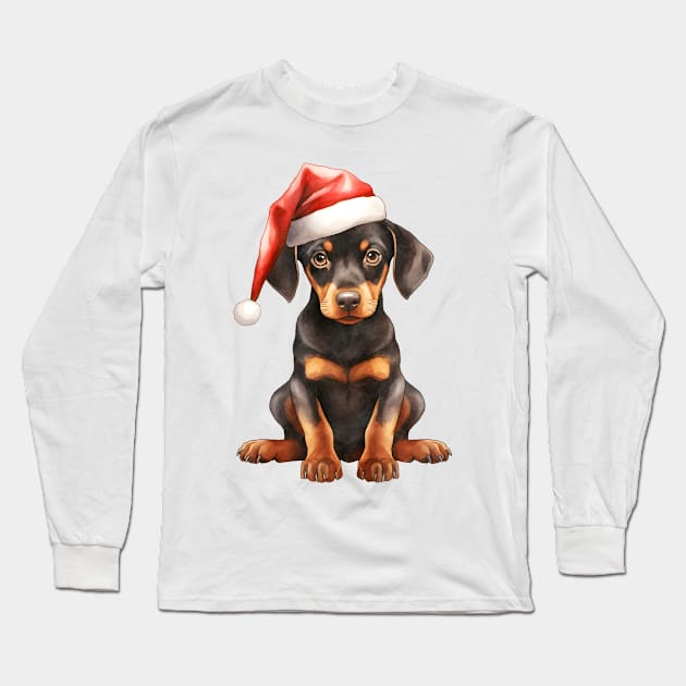 Doberman Pinscher Dog in Santa Hat Long Sleeve T-Shirt by Chromatic Fusion Studio
